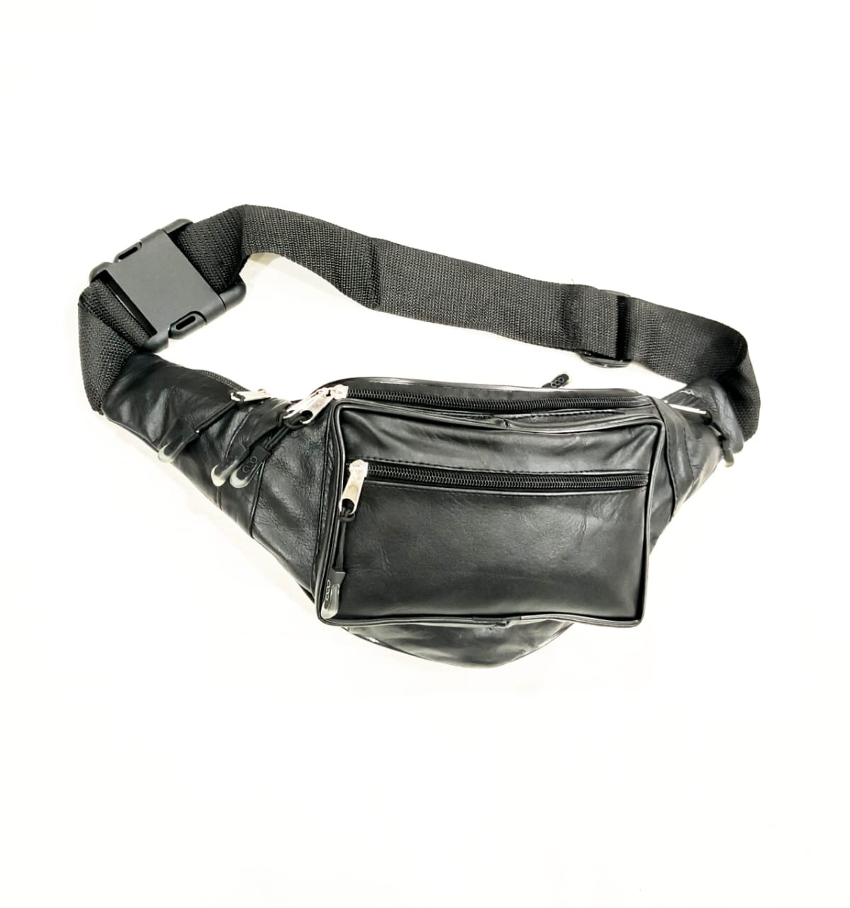 Black Leather Waist Bag – Adjustable Crossbody Fanny Pack with Multiple Pockets