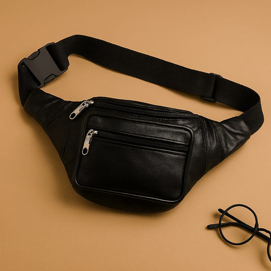 Black Leather Waist Bag – Adjustable Crossbody Fanny Pack with Multiple Pockets