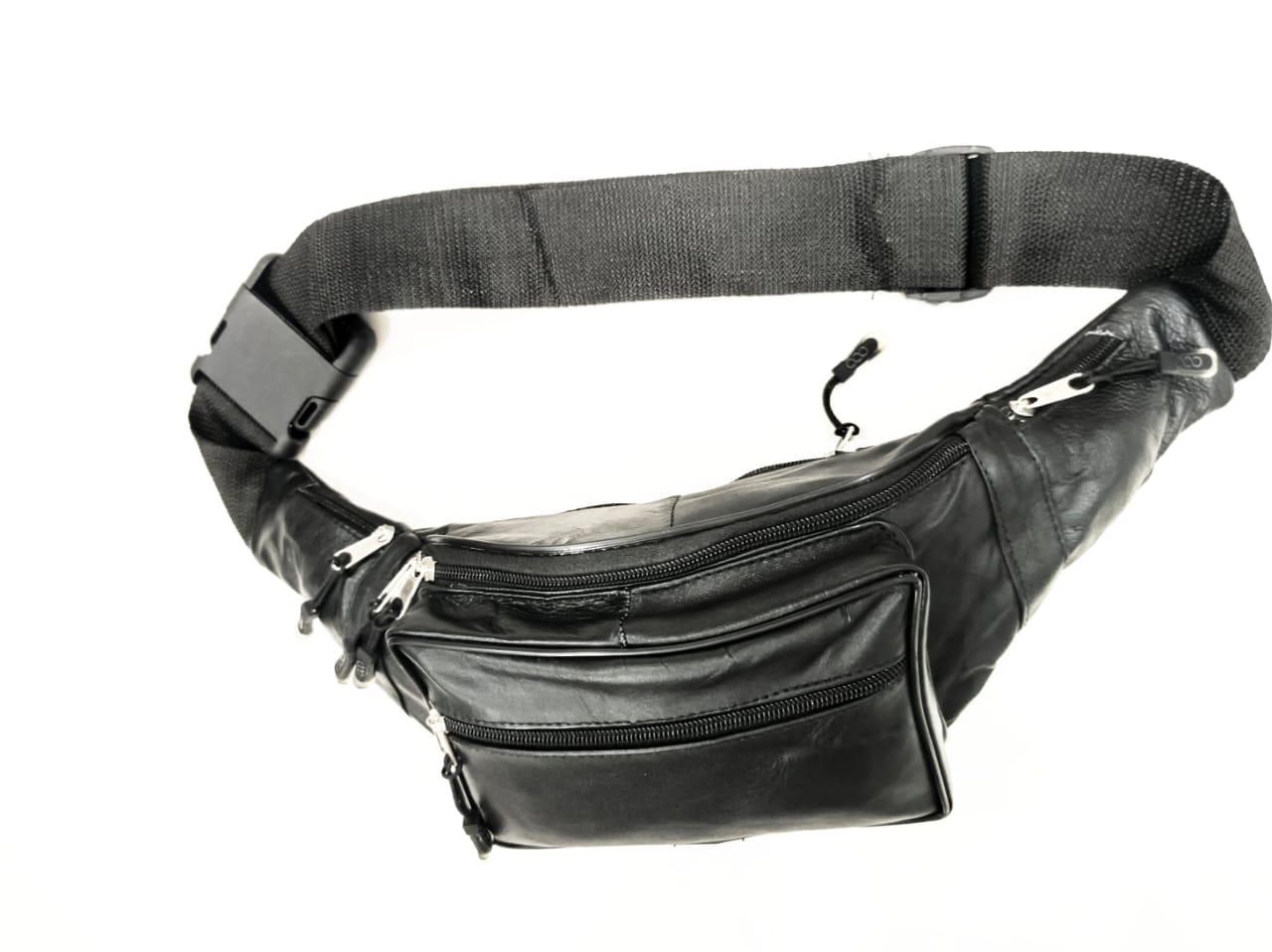 Black Leather Waist Bag – Adjustable Crossbody Fanny Pack with Multiple Pockets