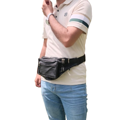 Black Leather Waist Bag – Adjustable Crossbody Fanny Pack with Multiple Pockets