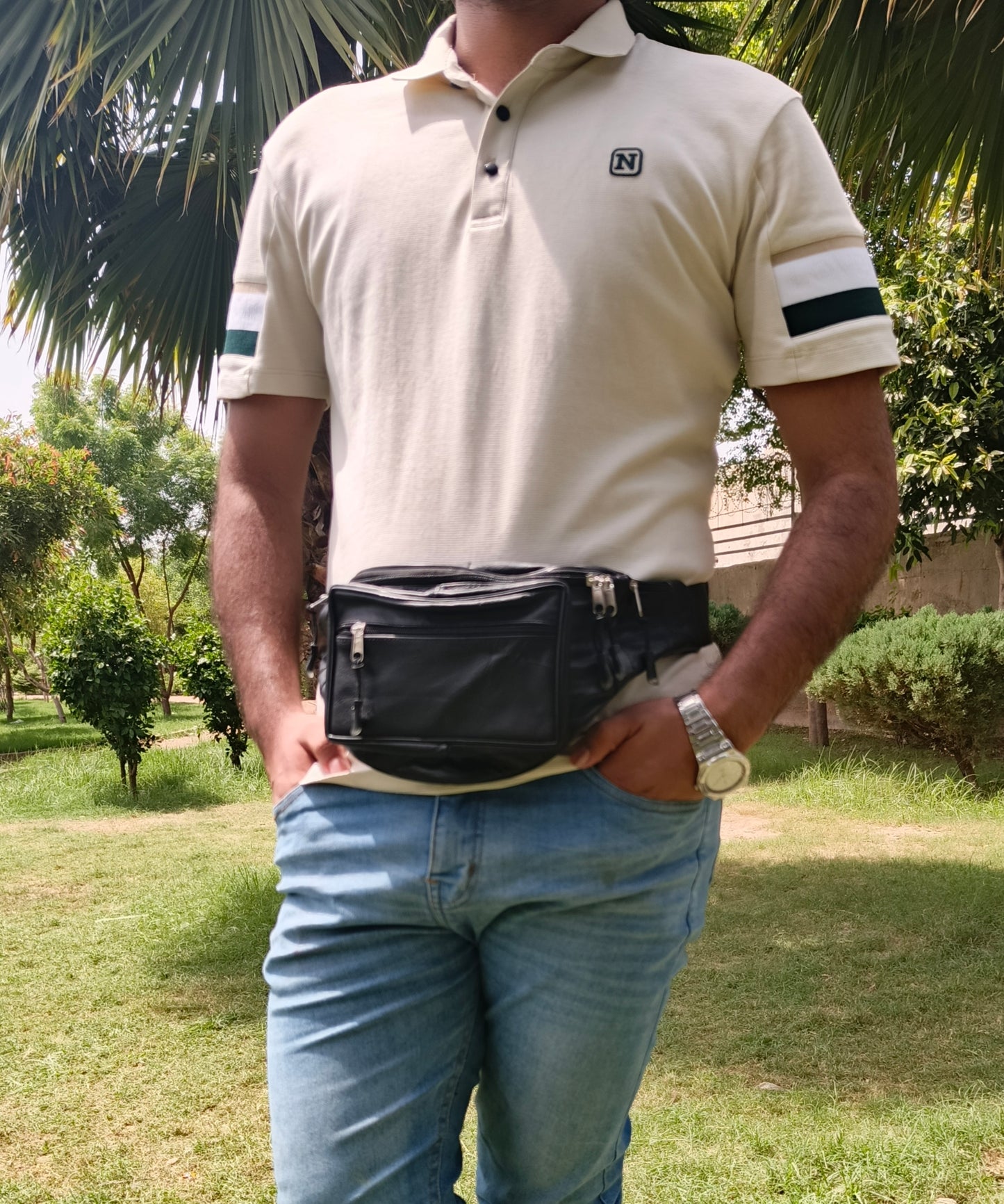 Black Leather Waist Bag – Adjustable Crossbody Fanny Pack with Multiple Pockets