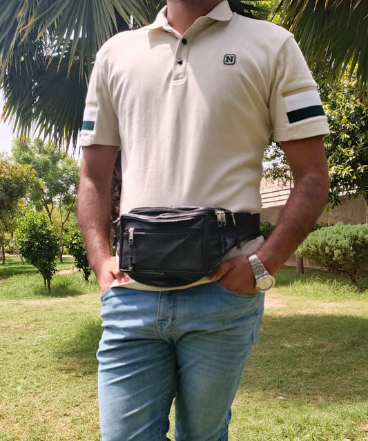 Black Leather Waist Bag – Adjustable Crossbody Fanny Pack with Multiple Pockets